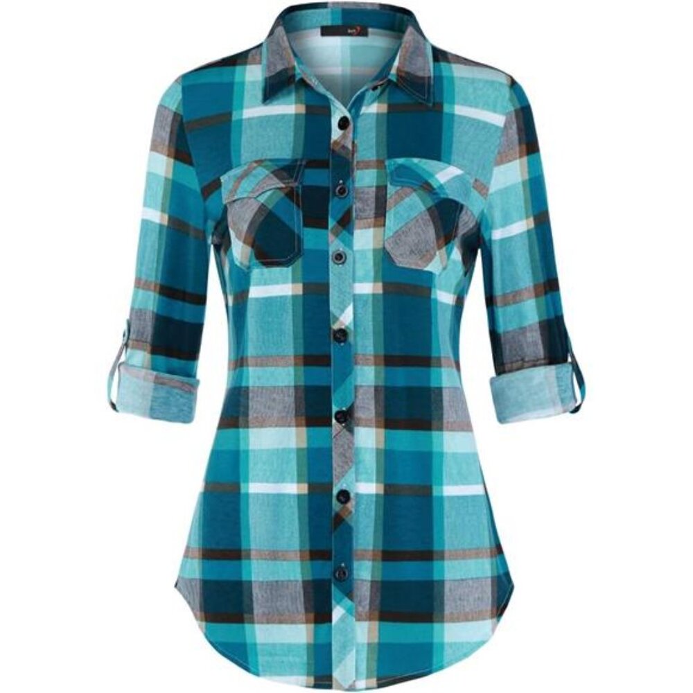 Womens Stretchy Knit Plaid Shirt - Roll Up Long Sleeve Collared Button Down